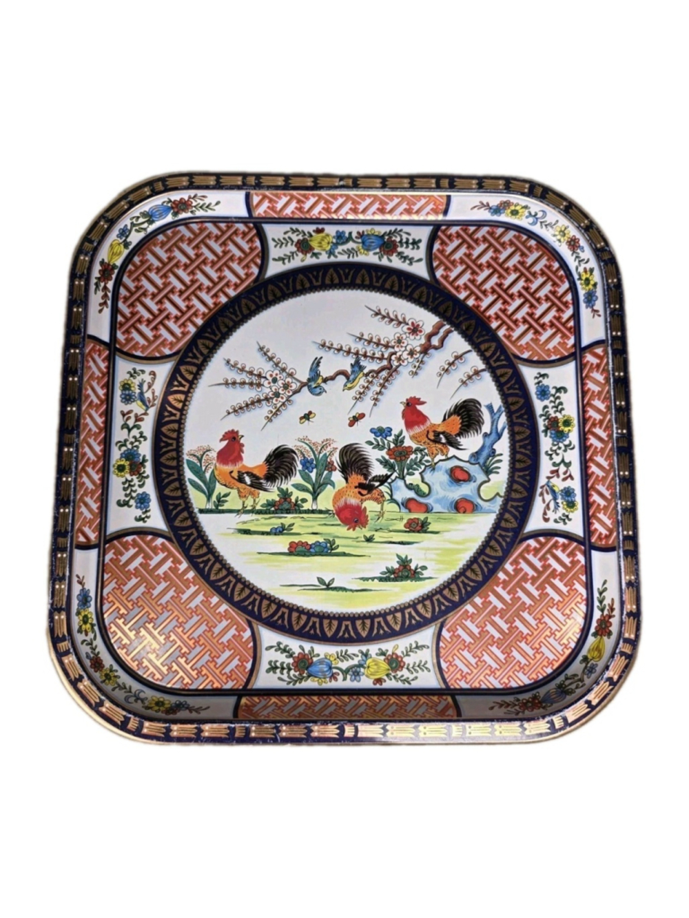 Vintage Daher Decorated Ware Chinoiserie Rooster Metal Tray Made England 13.5"